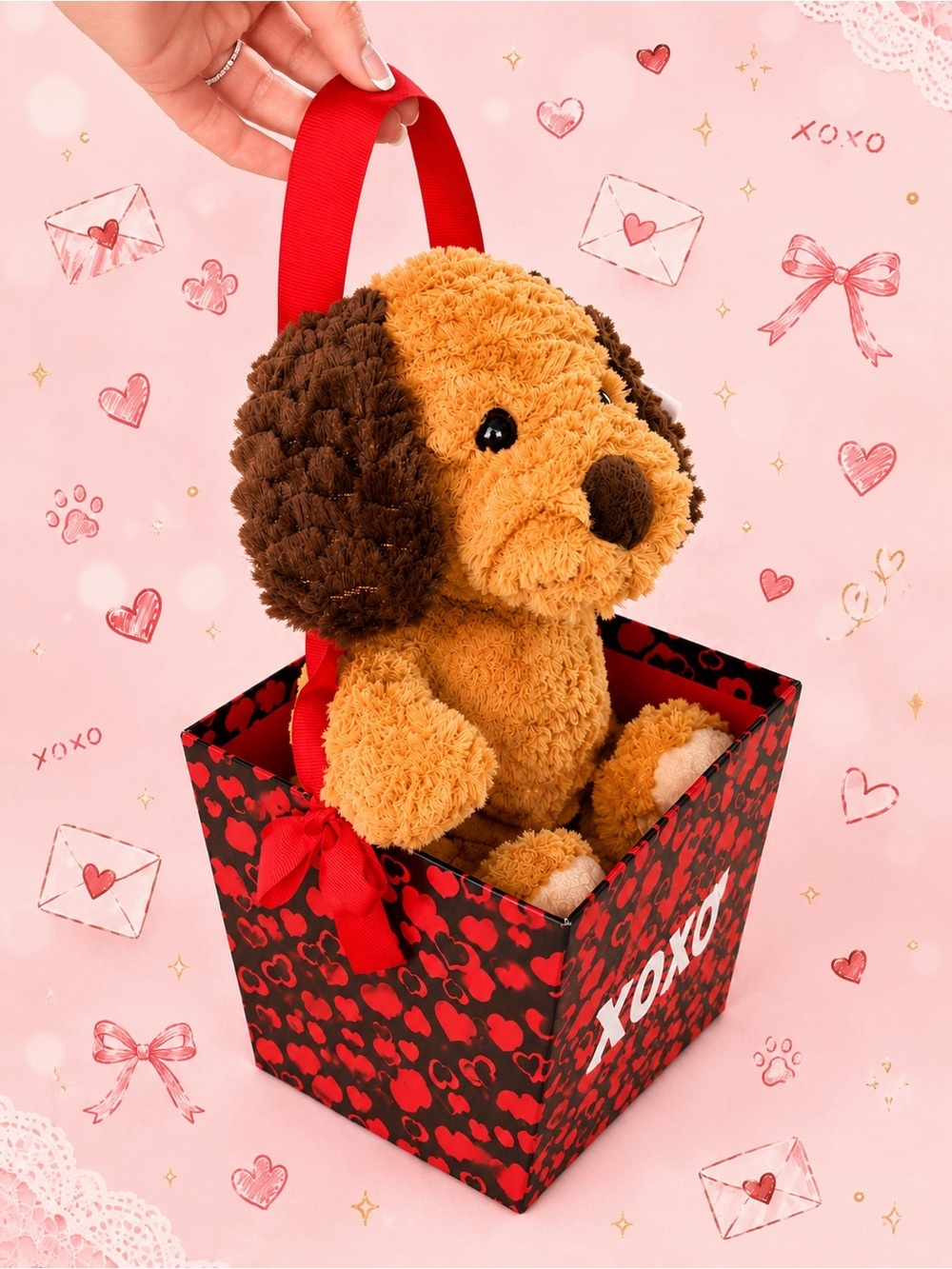 🧸 2/$45 - CELEBRATE! NWT Love Puppy Dog Plush Gift Box XOXO Ribbon Handle 12.5”